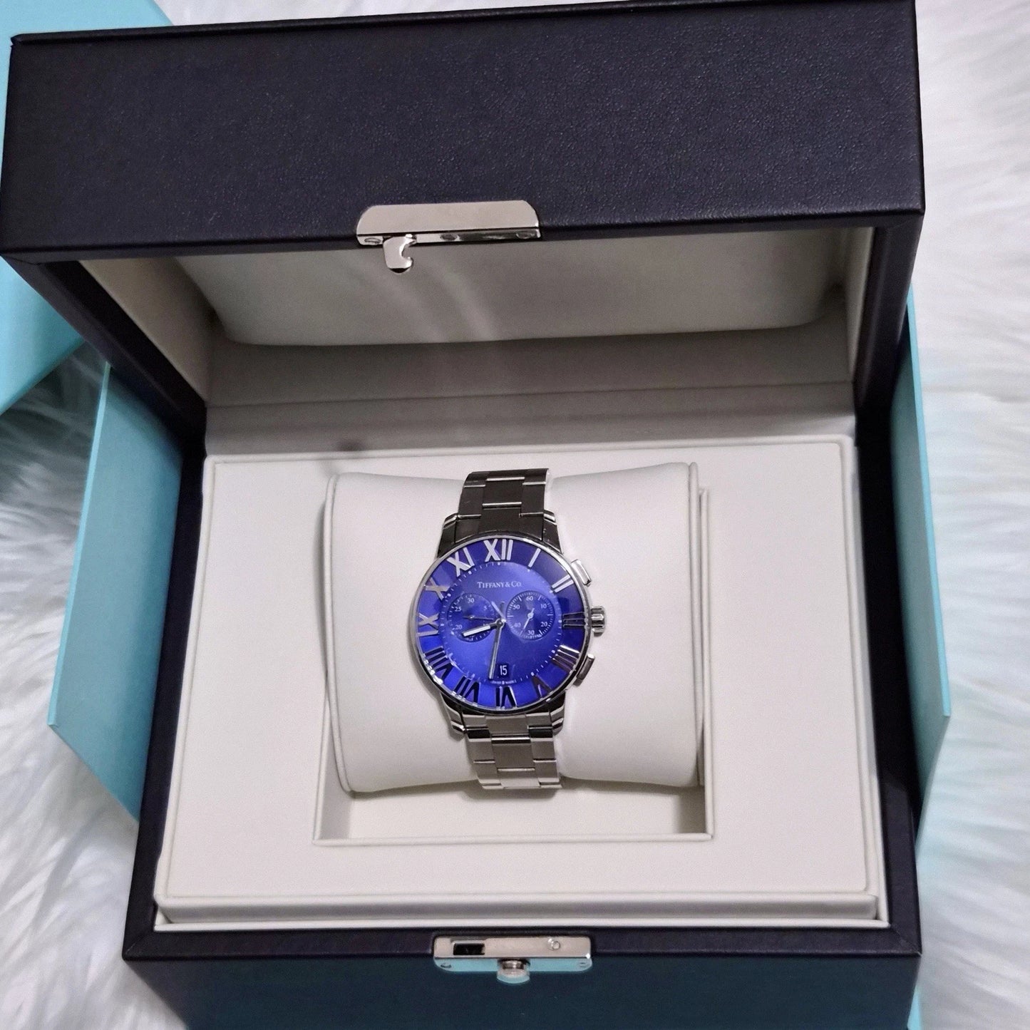 Tiffany & Co. Atlas Chronograph 18k White Gold Stainless Steel Men Watch 42mm