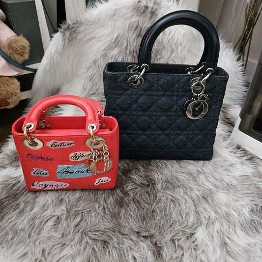 RARE Vintage CHRISTIAN DIOR Blue Cannage Quilted Denim Medium Lady Dior Bag