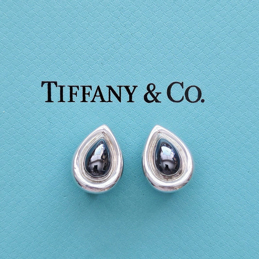 Vintage Tiffany & Co. Paloma Picasso Hematite Teardrop Gemstone Silver Clip On Earrings