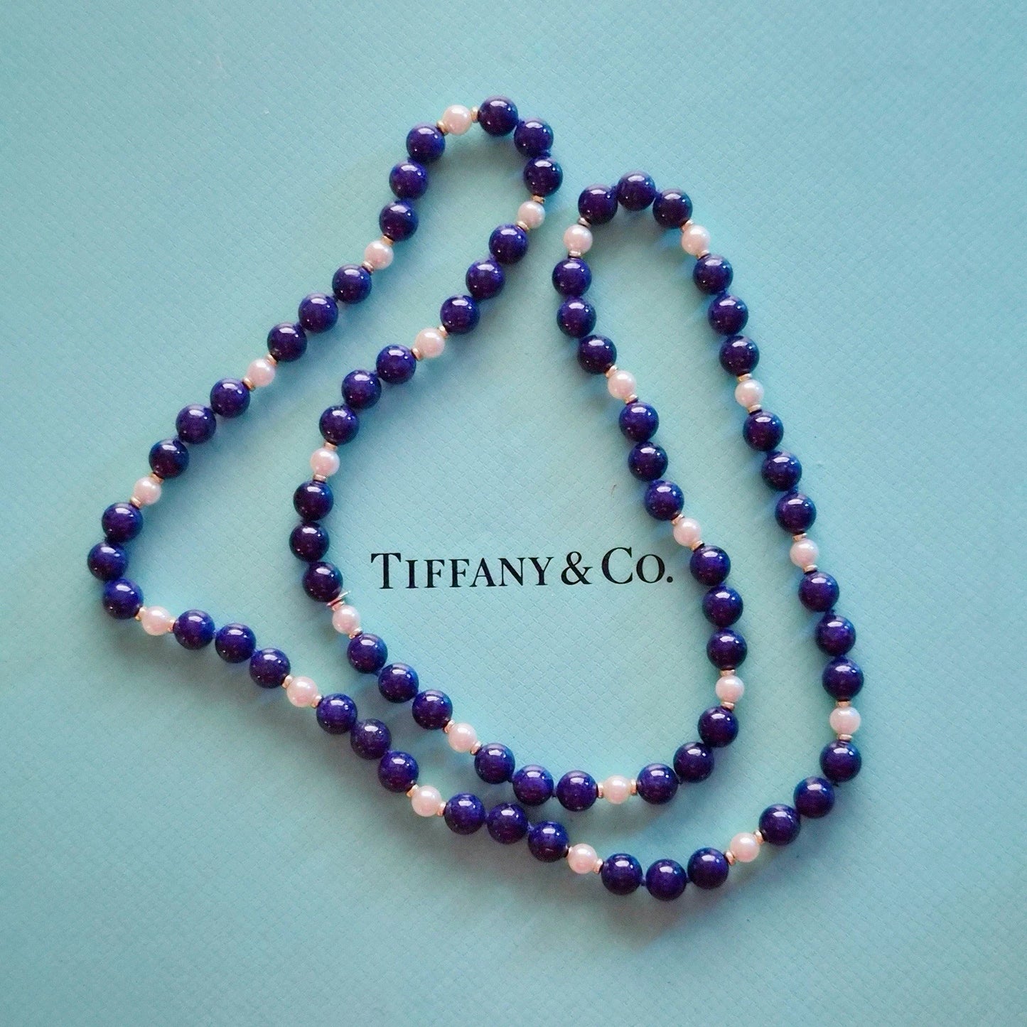 RARE Vintage Tiffany & Co. 14k YG Lapis Lazuli Bead Necklace Pearl Accents 29in