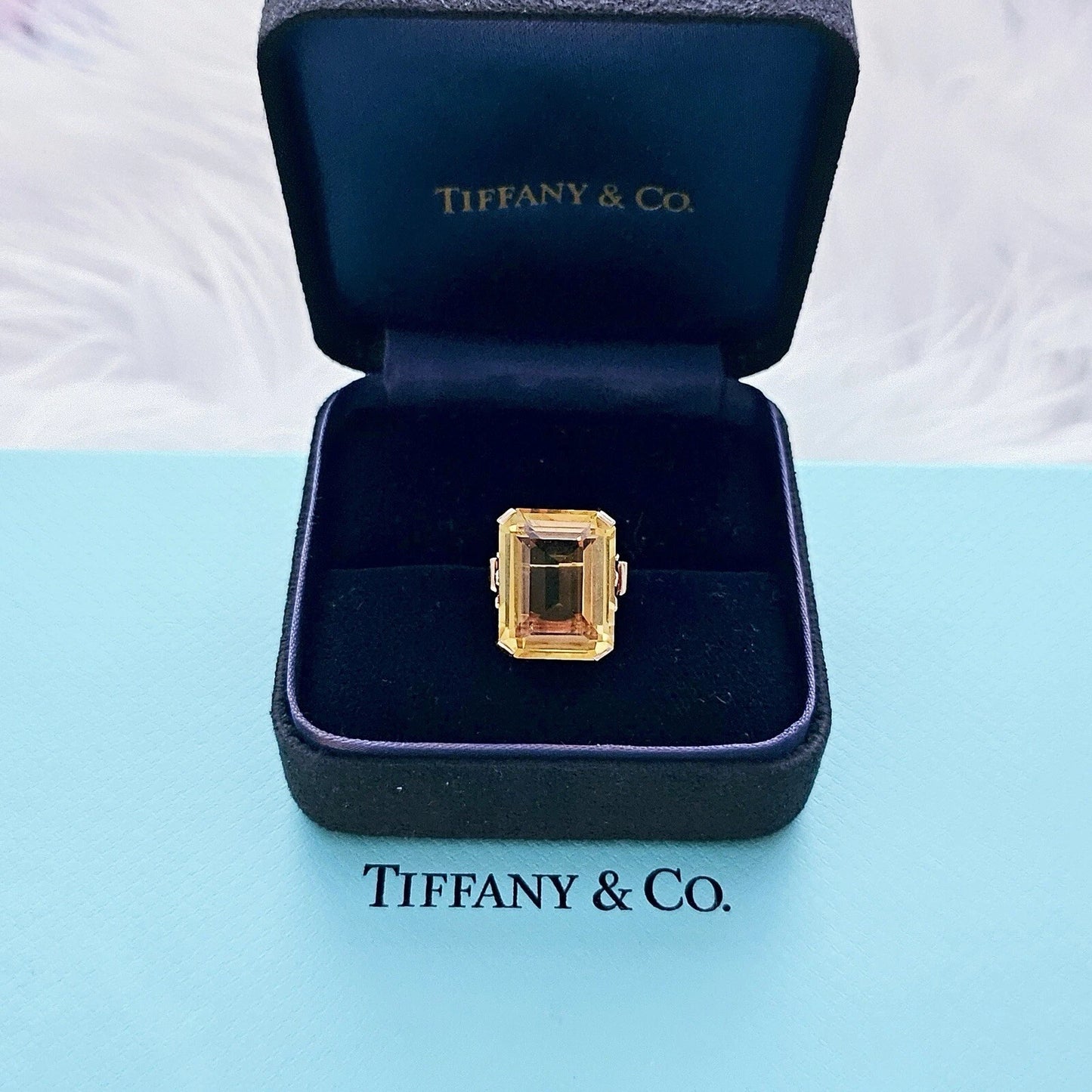 Vintage Tiffany & Co. 18.5 Ct Sparkler Emeral Cut Citrine 14k Gold Cocktail Ring