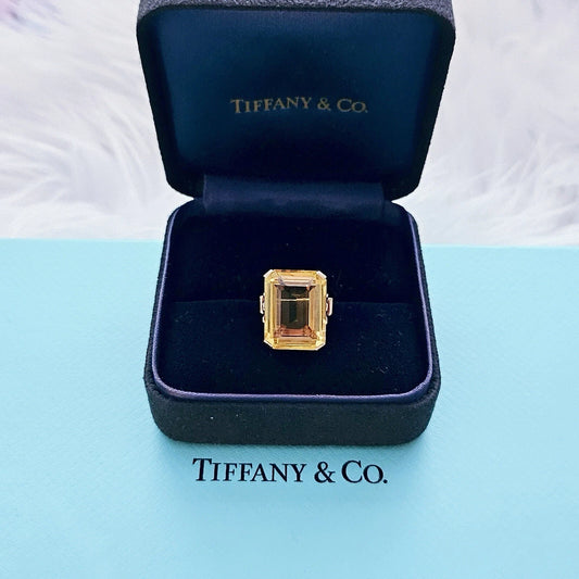 Vintage Tiffany & Co. 18.5 Ct Sparkler Emeral Cut Citrine 14k Gold Cocktail Ring