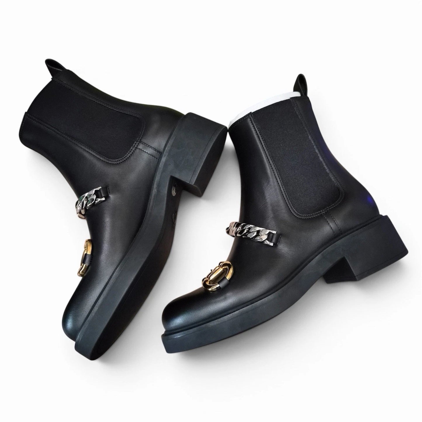 Gucci Black Leather Chain Horsebit Calf Ankle Boots Chunk Heel Chelsea 35 US 5