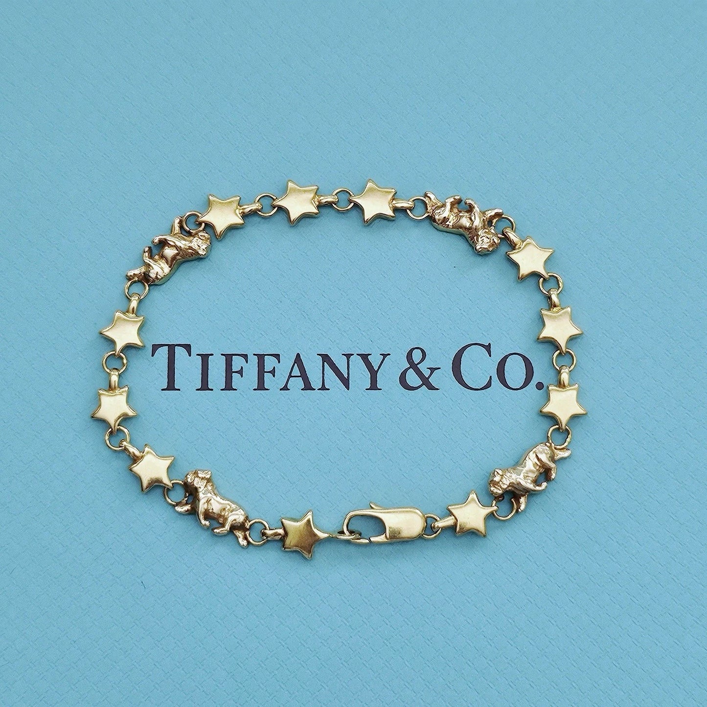 OOAK Vintage Tiffany & Co. Chain Of Star Bulldog Puffed Link 18k Yellow Gold Bracelet