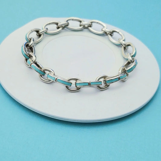 RARE Tiffany & Co Blue Enamel Clasping Oval Link Bracelet Sterling Silver 7.5"