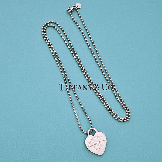 Vintage Tiffany & Co. Please RTT Large Heart Tag Pendant Long Beaded Chain Necklace