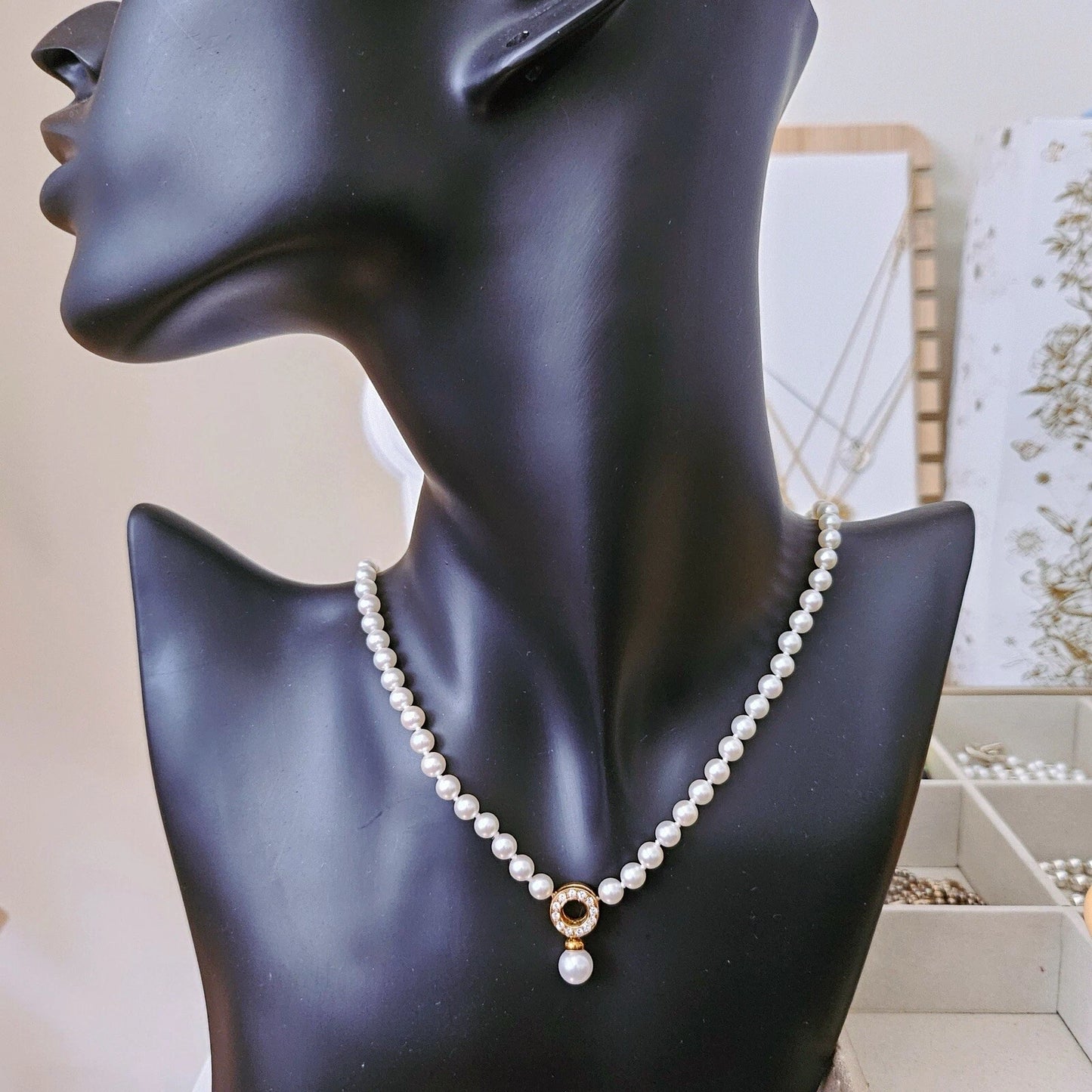 RARE Vintage Tiffany & Co. 18k Diamond Akoya Pearl Door Knocker Drop Necklace