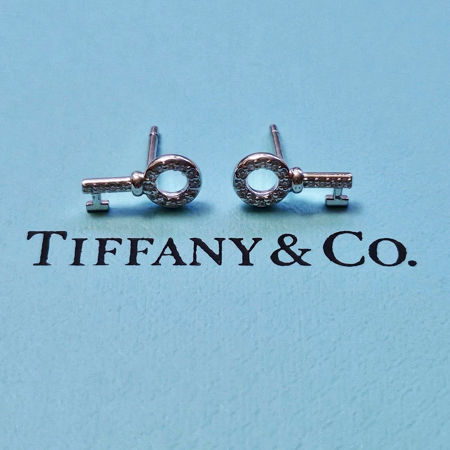 RARE Tiffany & Co. 18k White Gold Diamond Mini Key Stud Earrings