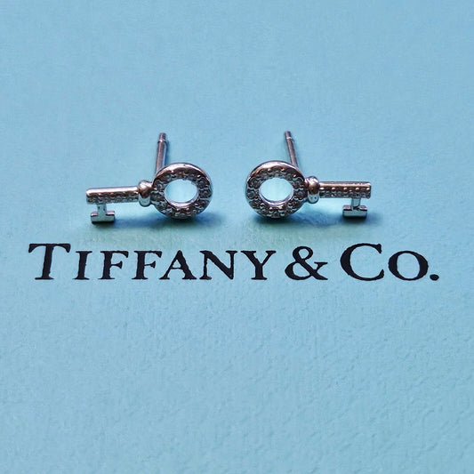RARE Tiffany & Co. 18k White Gold Diamond Mini Key Stud Earrings