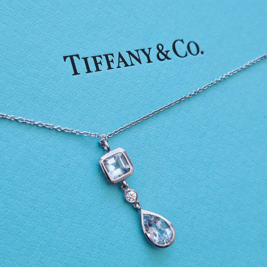 $4,000 Tiffany & Co. 18k WG 1.59ctw Aquamarine & Diamond Lariat Pendant Necklace
