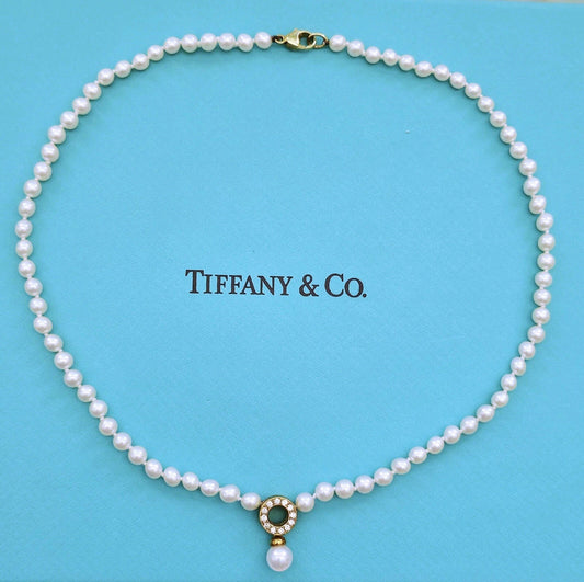 RARE Vintage Tiffany & Co. 18k Diamond Akoya Pearl Door Knocker Drop Necklace