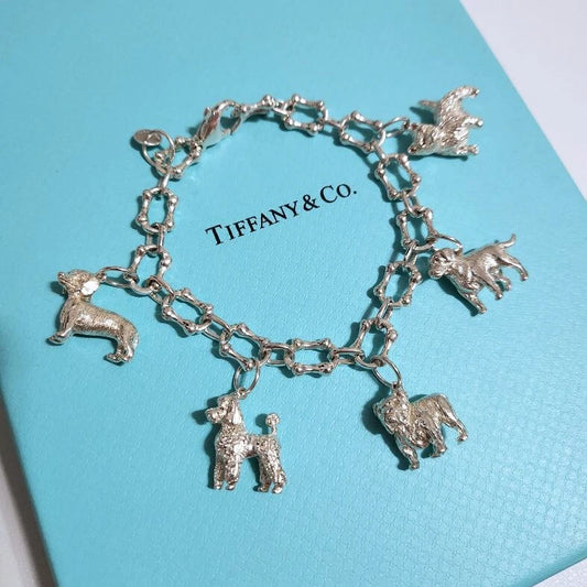 RARE Vintage Tiffany & Co. Multi Breed Dog Charm Bone Link Silver Bracelet