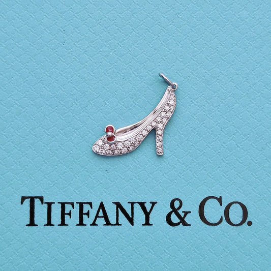RARE Tiffany & Co. Red Enamel Bow Diamond High Heels Shoes PT950 Charm Pendant.