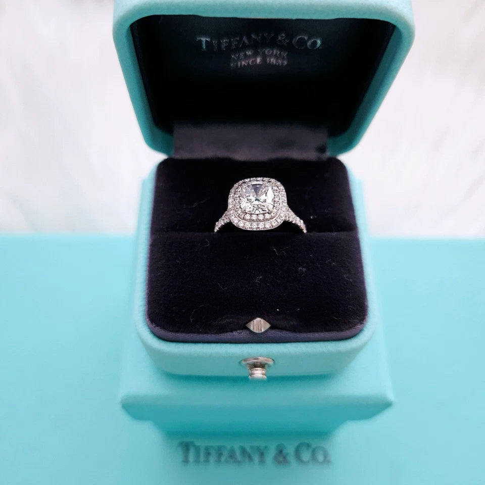 $39,000 Tiffany & Co Soleste Cushion Double Halo Diamond Engagement Ring 1.63 D VS1