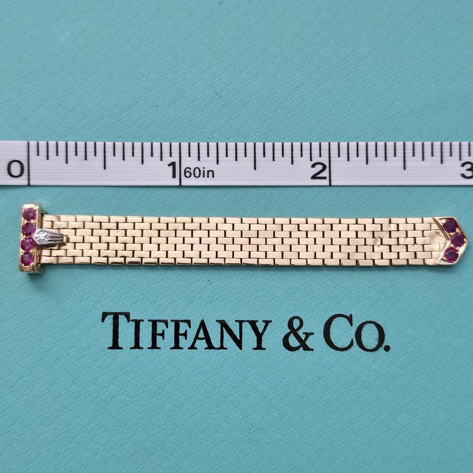 Vintage Tiffany & Co. 14k YG Platinum Diamond Ruby Mesh Bucker Adjustable Ring