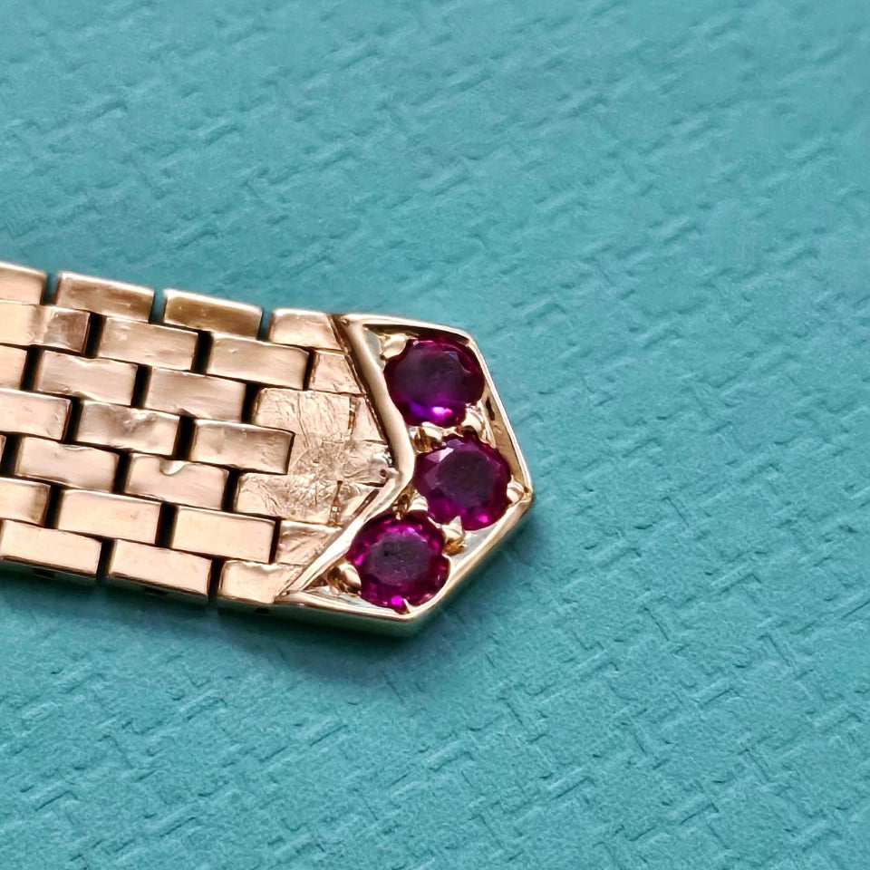 Vintage Tiffany & Co. 14k YG Platinum Diamond Ruby Mesh Bucker Adjustable Ring