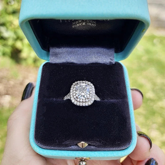 $39,000 Tiffany & Co Soleste Cushion Double Halo Diamond Engagement Ring 1.63 D VS1