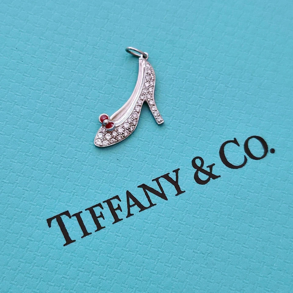 RARE Tiffany & Co. Red Enamel Bow Diamond High Heels Shoes PT950 Charm Pendant.