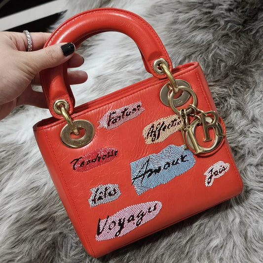 $6,000 Christian Dior Lady Dior Mini Red Sequin Embellished Calfskin Leather Bag