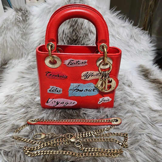 $6,000 Christian Dior Lady Dior Mini Red Sequin Embellished Calfskin Leather Bag