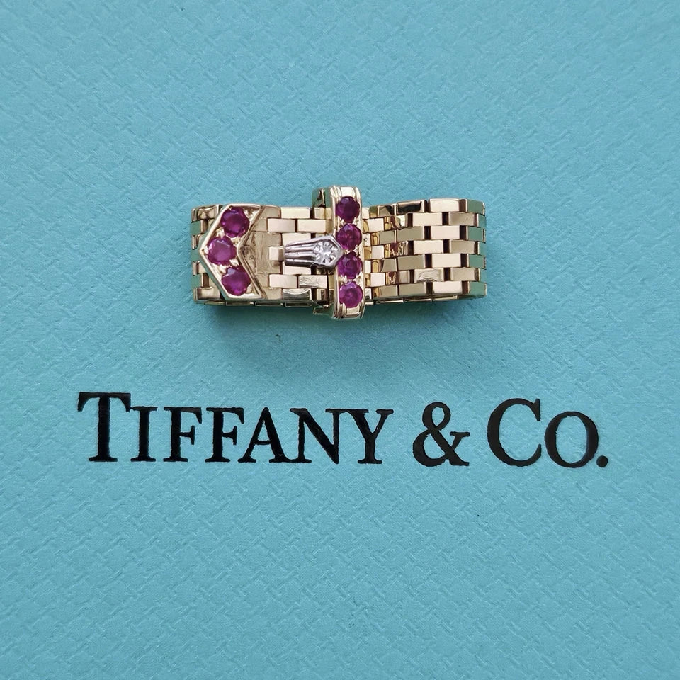 Vintage Tiffany & Co. 14k YG Platinum Diamond Ruby Mesh Bucker Adjustable Ring