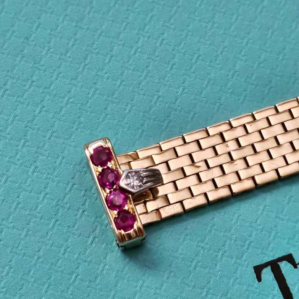 Vintage Tiffany & Co. 14k YG Platinum Diamond Ruby Mesh Bucker Adjustable Ring