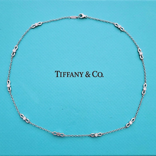 $6,000 Tiffany & Co. Bow Winged Station 0.7 CTW Diamond 18k White Gold Necklace