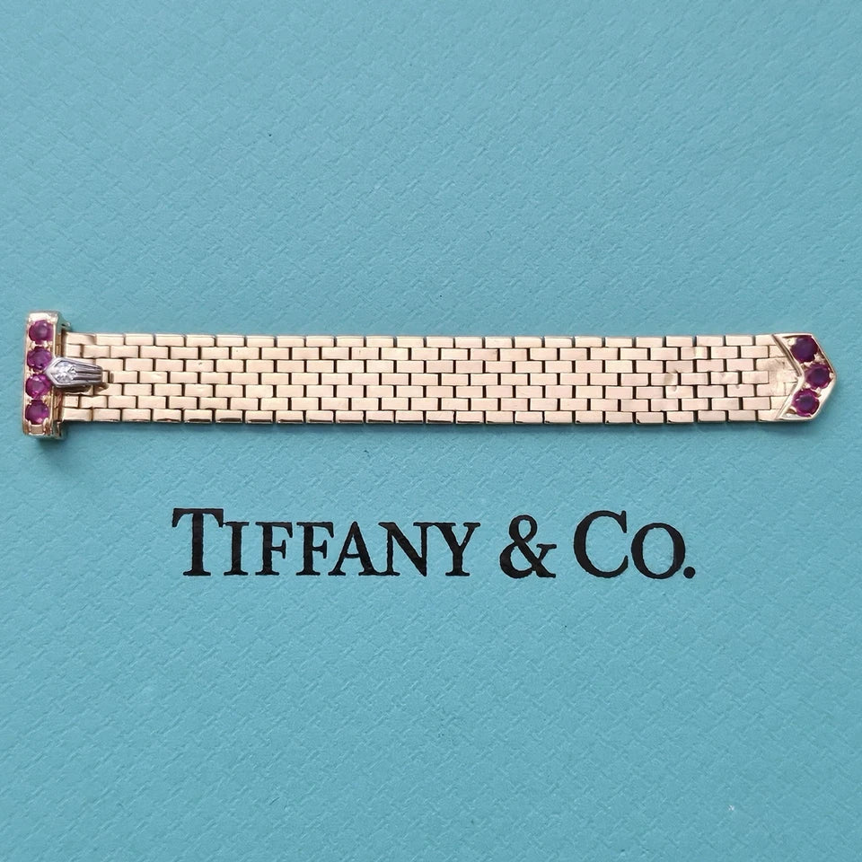 Vintage Tiffany & Co. 14k YG Platinum Diamond Ruby Mesh Bucker Adjustable Ring