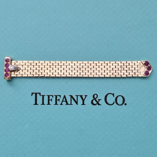Vintage Tiffany & Co. 14k YG Platinum Diamond Ruby Mesh Bucker Adjustable Ring