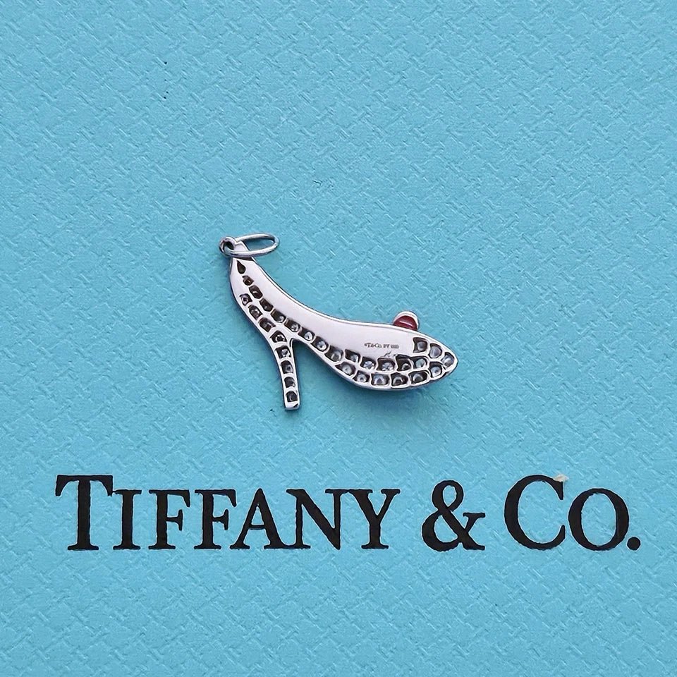 RARE Tiffany & Co. Red Enamel Bow Diamond High Heels Shoes PT950 Charm Pendant.