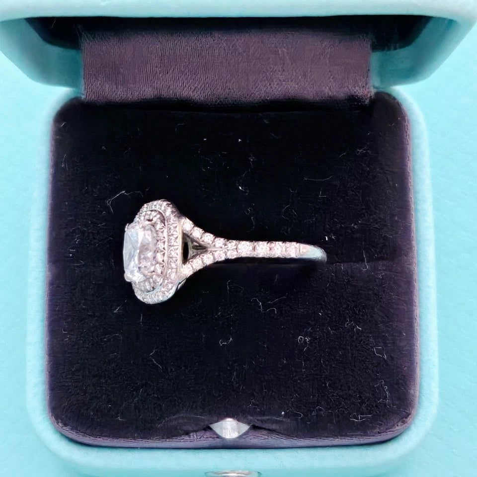 $39,000 Tiffany & Co Soleste Cushion Double Halo Diamond Engagement Ring 1.63 D VS1