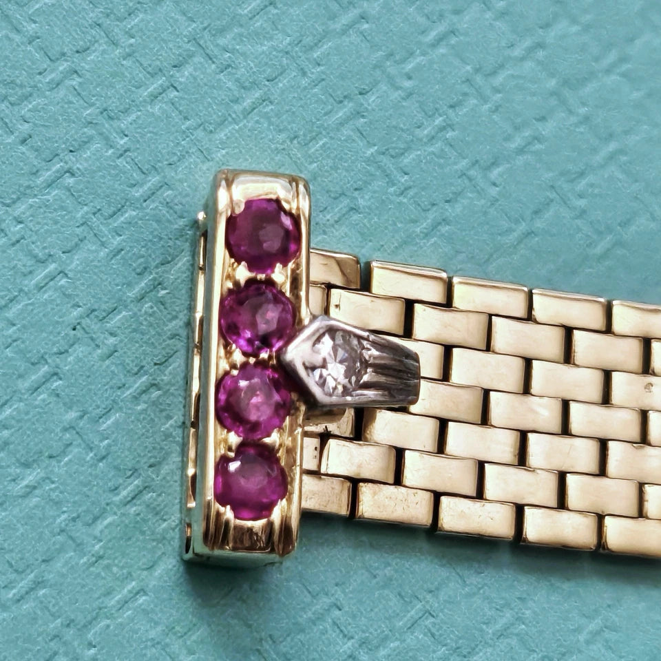 Vintage Tiffany & Co. 14k YG Platinum Diamond Ruby Mesh Bucker Adjustable Ring