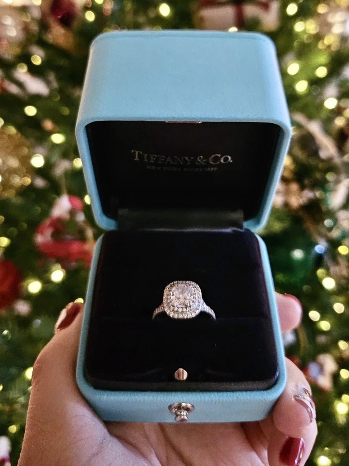 $39,000 Tiffany & Co Soleste Cushion Double Halo Diamond Engagement Ring 1.63 D VS1