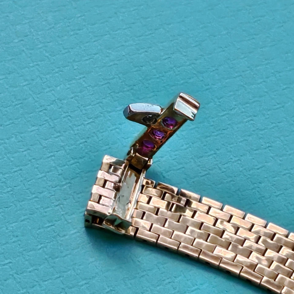 Vintage Tiffany & Co. 14k YG Platinum Diamond Ruby Mesh Bucker Adjustable Ring