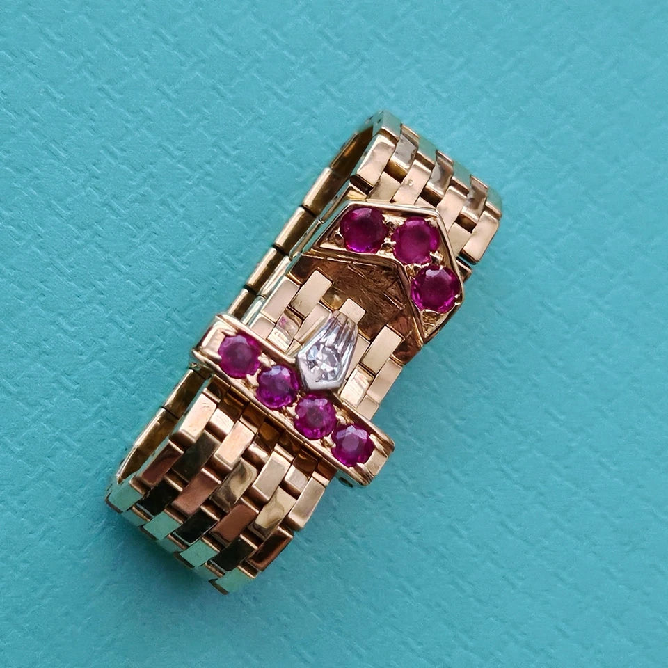 Vintage Tiffany & Co. 14k YG Platinum Diamond Ruby Mesh Bucker Adjustable Ring